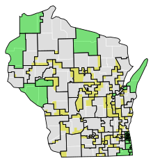 Map after redistricting, changes highlighted. (In this redistricting, the Assembly districts were entirely re-numbered, so the shading attempts to compare the new districts to their similary-located analogue in the previous map.)
Territory which was moved to a new district
Districts which were entirely unchanged 1983 wi act 29 assembly districts.svg