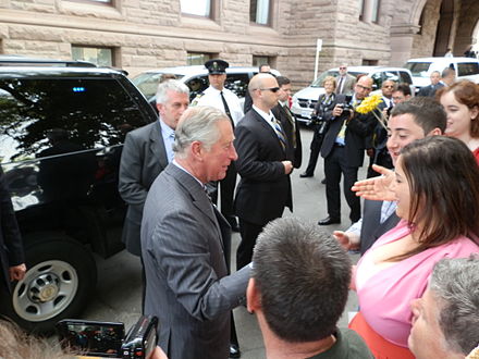 Charles, Prince of Wales, speaks to the public outside of the Ontario Legislative Building during his tour of Canada for the Diamond Jubilee
