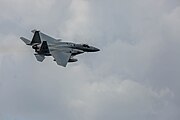 An F-15C Eagle, tail number 86-0160, taking off from RAF Lakenheath in England. The aircraft was assigned to the 493rd Fighter Squadron.