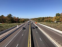 I-476/Pennsylvania Turnpike Northeast Extension northbound in Salford Township 2022-10-14 13 47 35 View north along Interstate 476 (Pennsylvania Turnpike Northeast Extension) from the overpass for Clump Road in Salford Township, Montgomery County, Pennsylvania.jpg