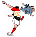 An Egyptian football player kicking Hosni Mubarak