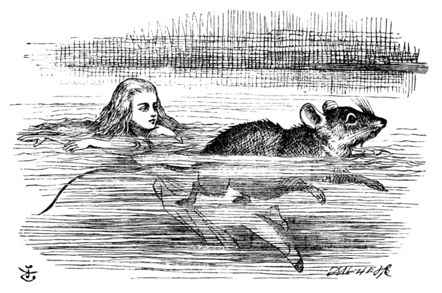 jeune fille blonde nageant habillée dans une eau où elle n'a pas pieds et croisant une souris de la même taille qu'elle