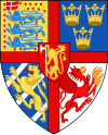 The arms of Eric of Pomerania as king of the Kalmar Union are quartered by a cross gules ... Armoiries medievales d Eric de Pomeranie 1382-1459.svg