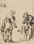 Attributed to Carel Fabritius. Two standing women with a child label QS:Len,"Two standing women with a child" label QS:Lpl,"Dwie stojące kobiety z dzieckiem" label QS:Lnl,"Twee staande vrouwen met een kind" 1640-1649. Pen and brush in brown and gray on light brown prepared paper. 17 × 12.8 cm (6.6 × 5 in). Amsterdam, Rijksmuseum.
