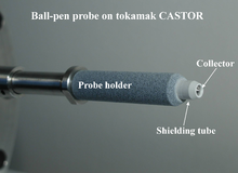 Ball-pen probe used on tokamak CASTOR in 2004. A stainless steel collector moves inside a ceramic (boron nitride) shielding tube. BPP probe head.png