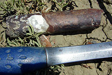 Baculites specimen in the field; western South Dakota, Pierre Shale, Late Cretaceous. Part of the phragmocone (left) and part of the body chamber (right) are present. Baculites.jpg