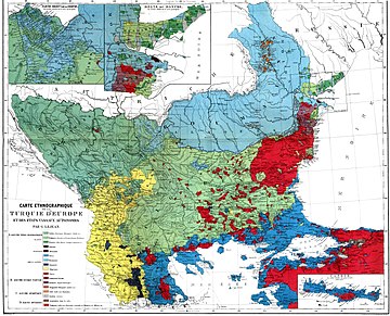 A map of ethnic groups in the Ottoman Empire in 1861. Bulgarians are in light green while Turks are in red, Romanians are in light blue, and Greeks are in dark blue.