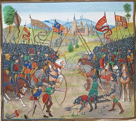 La bataille de Nájera, au cours de laquelle le Prince noir inflige une terrible défaite aux Franco-Castillans. Cette bataille les débarrasse toutefois définitivement de nombre de « routiers », ces membres des Grandes compagnies. Miniature de Loyset Liédet, Chroniques de Jean Froissart, BNF, FR 2643, fo 312 vo.