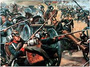 ランゲンザルツァの戦い（普墺戦争）で攻撃を受ける砲兵。手前の歩兵が攻撃を防いでいる。