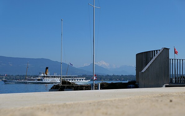 Versoix-beach with steamer & Mont Blanc