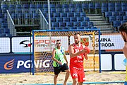 Deutsch: Beachhandball Europameisterschaften 2019 (Beach handball Euro); Tag 3: 4. Juli 2019 – Männer, Hauptrunde Gruppe II, Polen-Ukraine 2:0 (24:13, 23:22) English: Beach handball Euro; Day 3: 4 July 2019 – Men Main Round Group II – Poland-Ukraine 2:0 (24:13, 23:22)