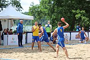 Deutsch: Beachhandball Europameisterschaften 2019 (Beach handball Euro); Tag 6: 7. Juli 2019 – Platzierungsspiele Rang 13-16 Männer, Rumänien-Serbien 2:0 (21:18, 22:20) English: Beach handball Euro; Day 6: 7 July 2019 – Placement Match 13–16 Men – Romania-Serbia 2:0 (21:18, 22:20)