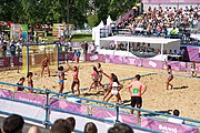 Deutsch: Beachhandball bei den Olympischen Jugendspielen 2018; Tag 3, 9. Oktober 2018; Mädchen, Vorrunde, Gruppe A - Chinese Taipei (Taiwan)-Mauritius 2:0 English: Beach handball at the 2018 Summer Youth Olympics at 9 October 2018 – Girls Preliminary Round Group A‎ – Chinese Taipei-Mauritius 2:0