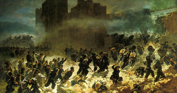 Kingdom of Italy troops breaching the Aurelian Walls at Porta Pia during the Capture of Rome. Breccia di Porta Pia (1870), by Carlo Ademollo.