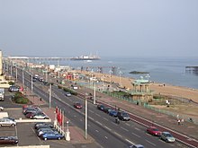 Brighton Pavilion beach and seafront with Brighton Pier, the border of Brighton Kemptown in distance BrightonEmbassyCt5916.JPG