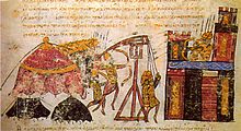 A siege by Byzantine forces, Skylintzes chronicle 11th century Byzantine Trebuchet Skylintzes.jpg