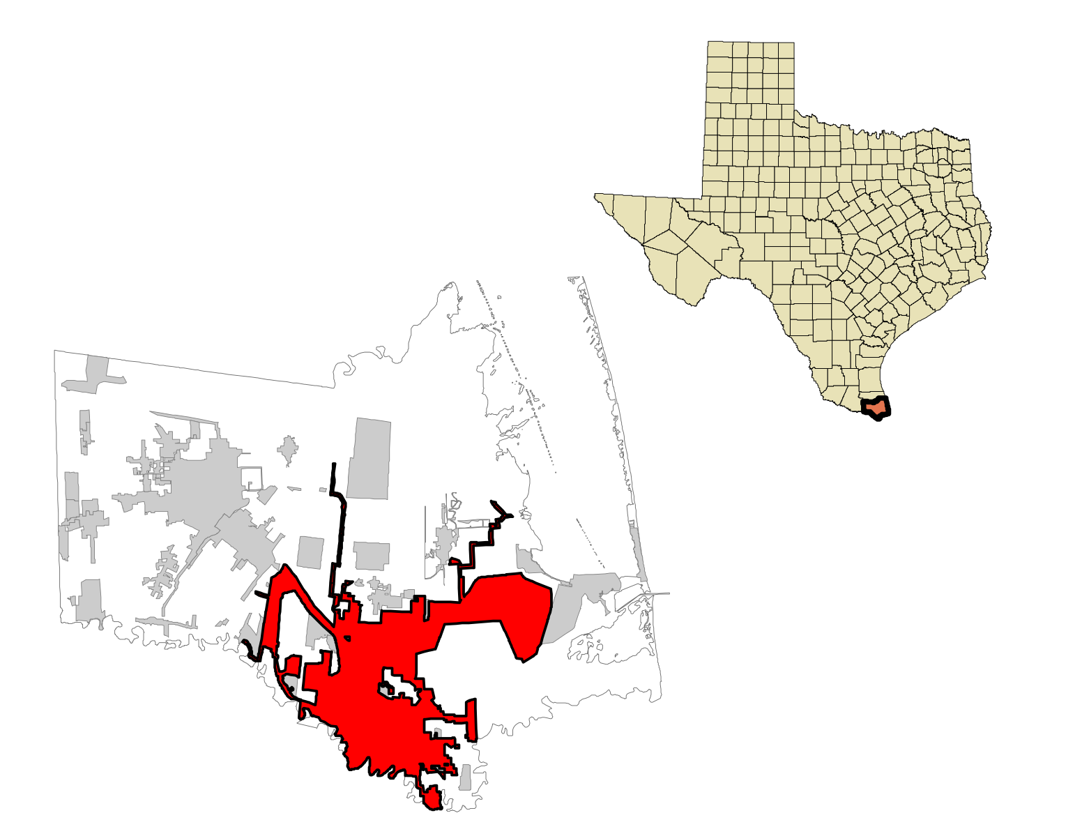 Map of Cameron County Texas highlightning Brownsville.