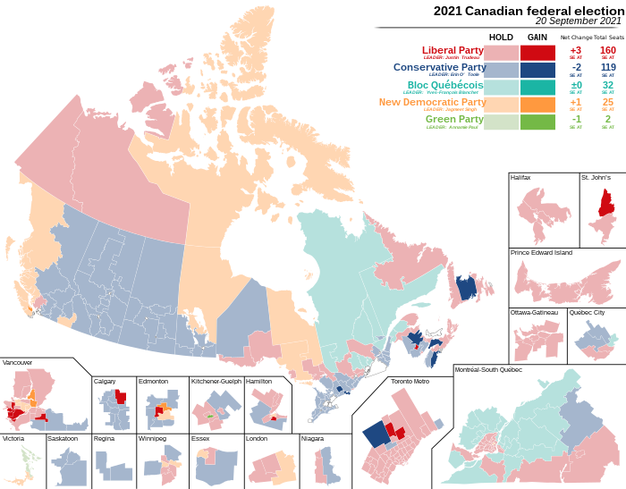 Seats gained, identified by party Canada Election 2021 Results Map Gains.svg
