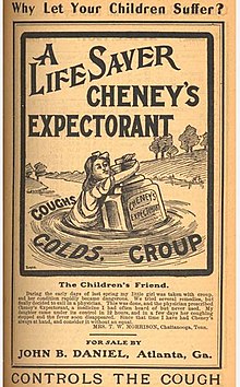 Newspaper advertisement for cough medicine, depicting a girl in a river being rescued by a bottle of the medicine