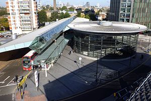 Canada Water bus station (left) viewed from the roof of Canada Water library in September 2015 Cmglee London Canada Water station.jpg