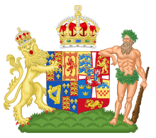 Anne of Denmark's coat of arms. Depicting the Royal Coat of Arms of England, Scotland and Ireland impaled with her father's arms as King of Denmark. The shield is surmounted by a crown, and supported by a lion and a savage. Coat of Arms of Anne of Denmark.svg