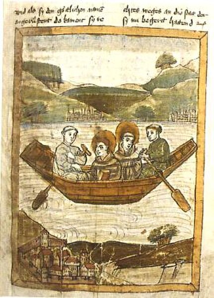 Saints Columbanus and Gallus on Lake Constance, from a 15th-century manuscript