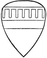 Fig. 235.—Arms of Seiher de Quincy, Earl of Winchester (d. 1219): Or, a fess gules, a label of seven points azure. (From his seal.)