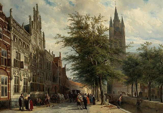 The Gemeenlandshuis and the Old Church, Delft, Summer by Cornelis Springer, 1877