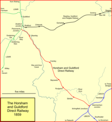 System map of the Horsham and Guildford Direct Railway on opening Cranleigh line.png