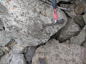 Pyroclastic rocks of the Crowsnest Formation. Photo by C.W. Langenberg, courtesy of Alberta Geological Survey. Crowsnest Volcanics 1371.JPG