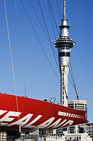 Detail of the hull New Zealand and The Sky Tower on the back, Auckland.