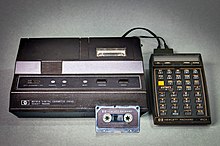 Microcassettes were sometimes also used for storing digital data. For the programmable calculators of the HP-41-series (from 1979, r.), there was a magnetic tape storage device. Digital cassette drive HP82161A connected to calculator HP-41CX.jpg