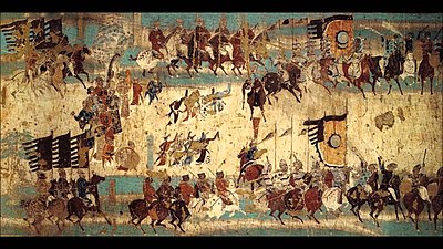 Section of a wall mural commemorating the victory of Zhang Yichao over the Tibetan Empire, Mogao Cave 156, Late Tang Dynasty (9th century). Dunhuang Zhang Yichao army.jpg