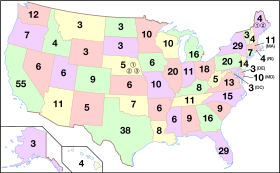 Map of the United States showing the number of electoral votes allocated following the 2010 census to each state and the District of Columbia for the 2012, 2016 and 2020 presidential elections; it also notes that Maine and Nebraska distribute electors by way of the congressional district method. 270 electoral votes are required for a majority out of 538 votes possible. Electoral map 2012-2020.svg