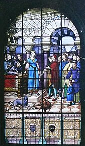 Stained glass window from the late nineteeth-century showing Eleanor issuing a charter to the City of Poitiers in 1199