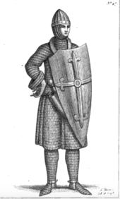 Gravure d'un homme en cotte de mailles, portant un casque et un bouclier.