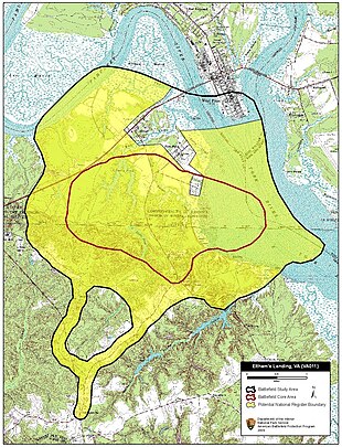 Map of Eltham's Landing Battlefield core and study areas by the American Battlefield Protection Program. Eltham's Landing Battlefield Virginia.jpg