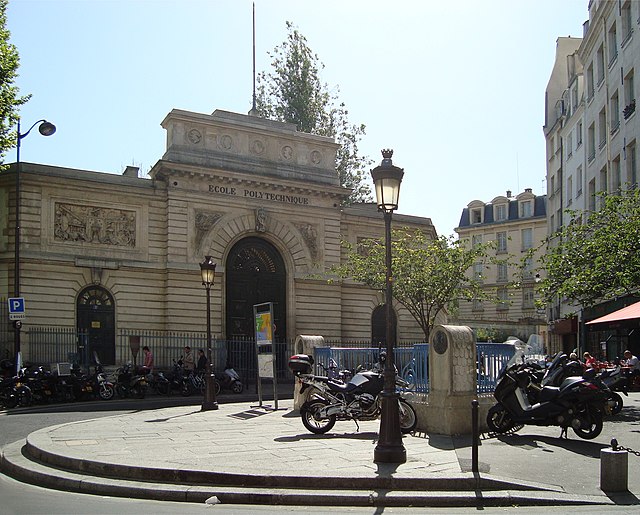 Historical entrance of the École polytechnique Paris campus at the junction of the rue de la Montagne Saint-Genevieve and rue Descartes