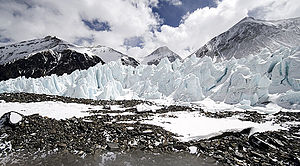 Eastern Rongpu Glacier in the foreground;  Khartaphu is the mountain in the center of the picture in the background