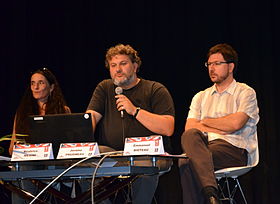 Konferenz „Leben auf dem Handy“ während BILD 2014: Geographen Béatrice Mésini, Jérôme Prugneau und Emmanuel Bioteau.