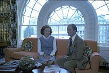 First Lady Betty Ford meeting with fashion designer Luis Estévez in 1975 in the west sitting hall of the White House.