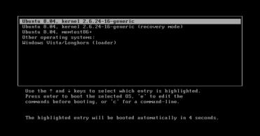 A GRUB startup menu showing Ubuntu Linux (with three different boot modes) and Windows Vista options GRUB with ubuntu and windows vista.png