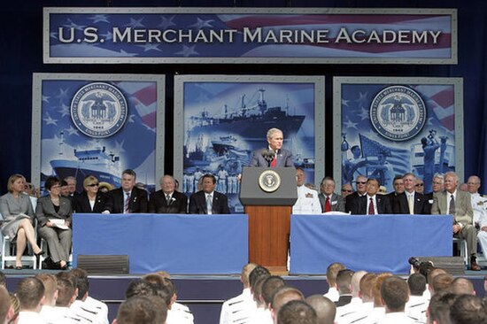 George W. Bush delivering the commencement address at the academy.