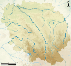 Mapa konturowa Creuse, blisko centrum na lewo u góry znajduje się punkt z opisem „Guéret”