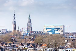 Skyline van de binnenstad van Groningen, met rechts het Forum.