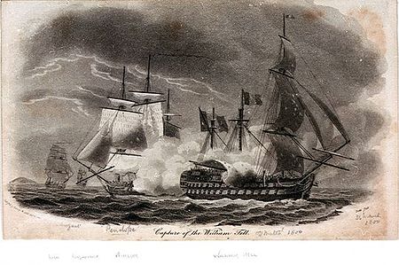 HMS Penelope is seen raking the Guillaume Tell as the two ships of the line close in Guillaume Tell PU5634.jpg