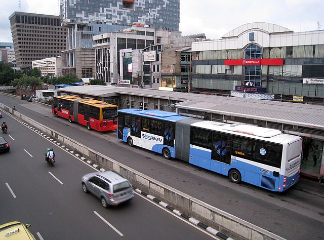 Transjakarta articulated buses at Harmoni Central Station