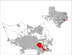 テキサス州におけるハリス郡（右図）とパサデナの位置の位置図