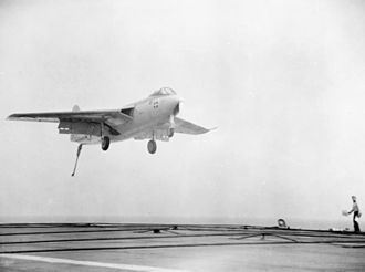 A Hawker P.1052 landing aboard HMS Eagle (R05), 1952. Hawker P1052 landing on HMS Eagle (R05) 1952.jpg