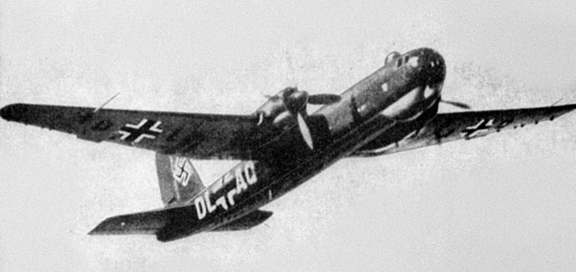 A He 177A-0 prototype with the all-letter Stammkennzeichen marking "DL+AQ"